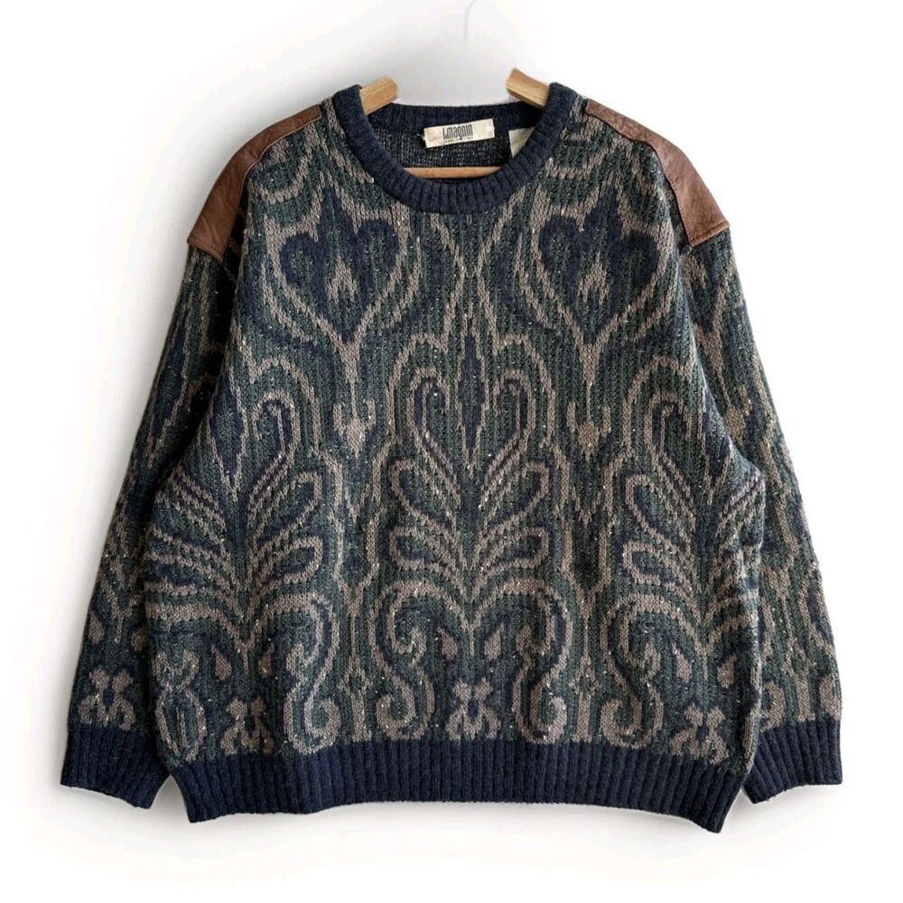 I. Magnin Men’s Size XL Green Blue Paisley Wool Sweater Made In Italy (EU54)